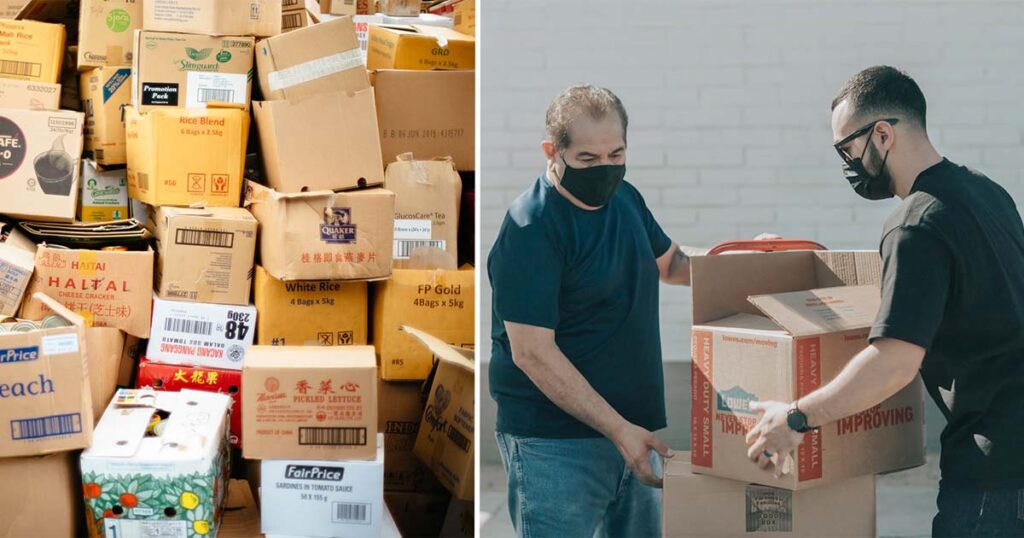 Dos personas trabajando empacando desde casa productos para diferentes fabricas