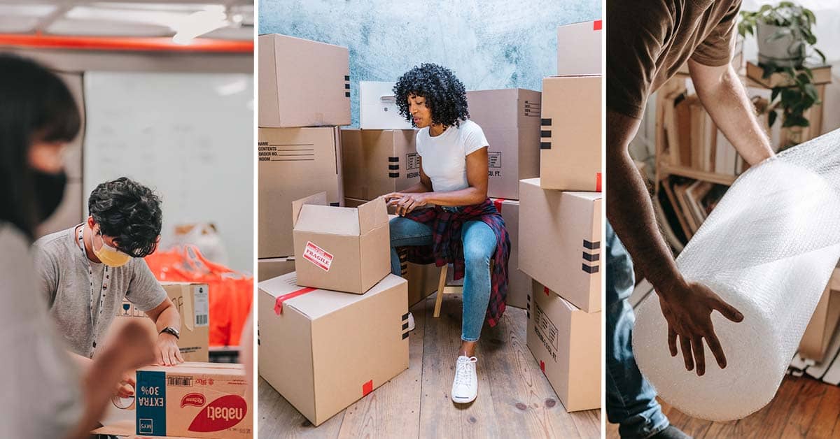 personas trabajando en empaque desde sus casas con material de cartón