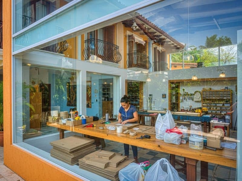 Trabajo remoto desde casa empacando productos